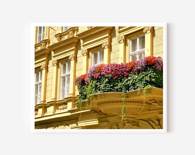 Budapest Photography, Hungary Photograph, Yellow Wall Art,  Flower Balcony Photo, Hungarian Travel Art, Elegant Architecture Print