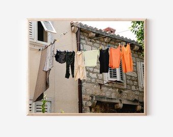 Laundry Room Wall Art, Dubrovnik Croatia Photography, Clothesline Print, Orange Laundry Photo, Hanging Clothes Picture, Dubrovnik Laundry