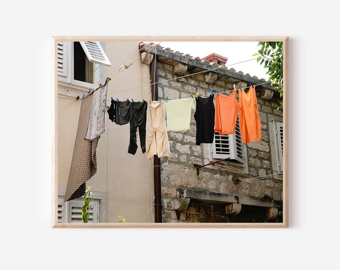 Laundry Room Wall Art, Dubrovnik Croatia Photography, Clothesline Print, Orange Laundry Photo, Hanging Clothes Picture, Dubrovnik Laundry