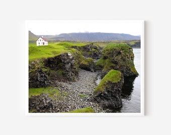 Iceland Landscape, Arnarstapi Photography Print, Icelandic Coastline Photo, Scandinavian Wall Art, Framed or Matted, Travel Gift, Green Art