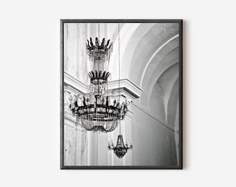 Black and White Chandelier Print, Sicily Italy Photography, Italian Wall Art, Sicilian Home Decor, Gothic Church Photo, Travel Photograph
