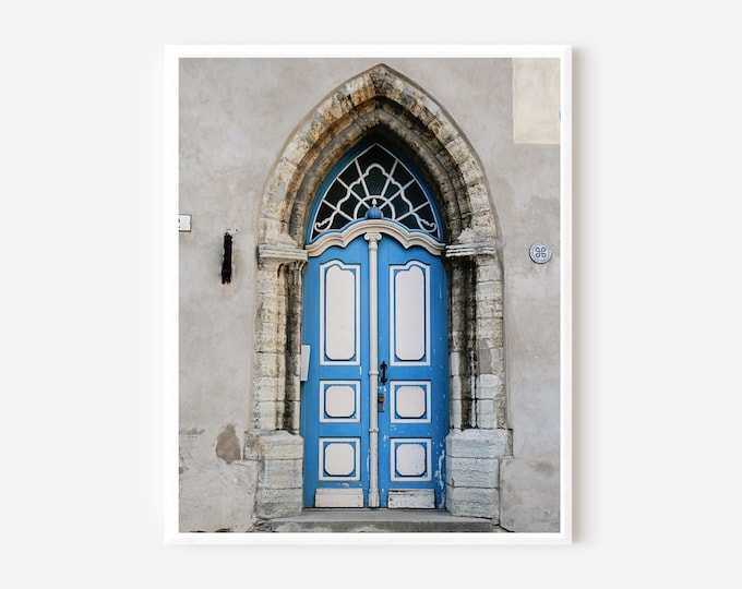 Blue Door Print, Tallinn Estonia Photography, Estonian Wall Art, Gothic Door Photograph, Medieval Architecture Print, Blue and Gray Art