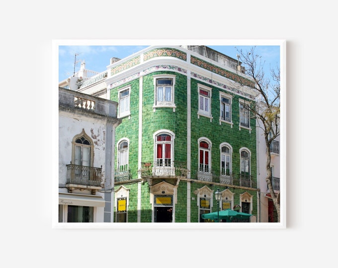 Lagos Portugal Print, Portugal Photography, Green Building Picture, Loja Obrigado, Portuguese Decor, Old Town Photo, Architecture Photograph