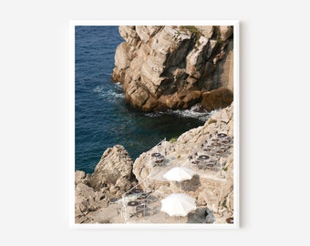 Dubrovnik Croatia Rocky Coastline and Cafe Photography Print - Beautiful View of Adriatic Sea from Stone Walls - Vertical Coastal Wall Art
