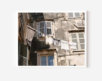 Laundry Room Decor, Laundry Wall Art, Corfu Greece Photography, Clothesline Print, Neutral Laundry Print, Hanging Clothes Picture