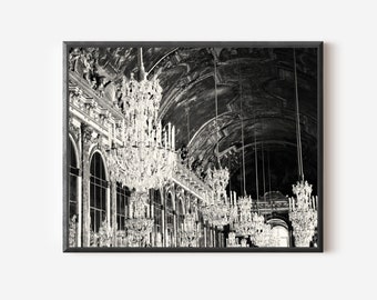 Black and White Versailles Photography Print, Hall of Mirrors Chandelier Photograph, French Architecture Print, Paris Gallery Wall Art