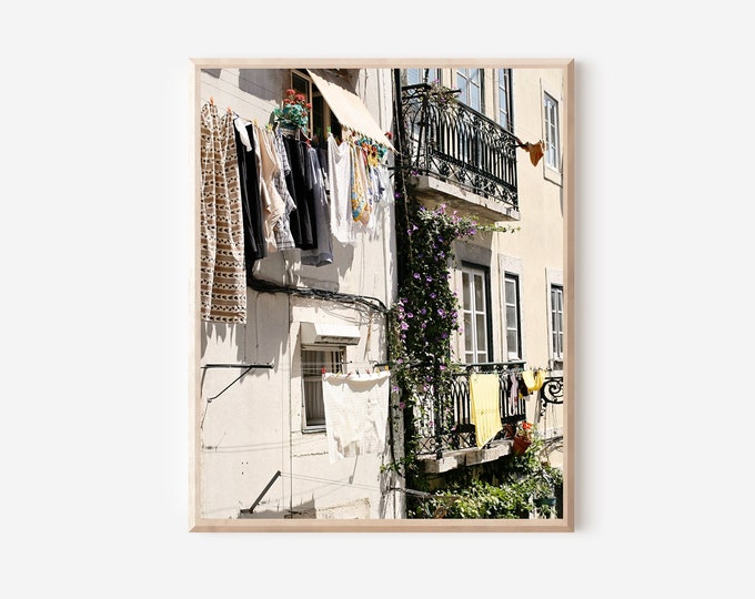Laundry Room Art Print, Lisbon Portugal Photo, Lisbon Photography, Clothesline Photo, Balcony Print, Portuguese Decor, Available Framed