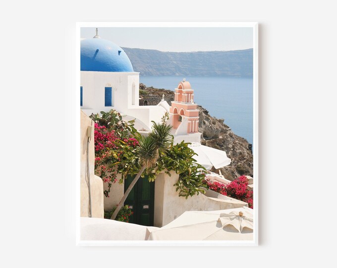 Santorini Print, Blue Dome Church Photo, Greece Photography, Greek Islands Photo, Oia, Mediterranean Wall Art, Santorini Travel Poster