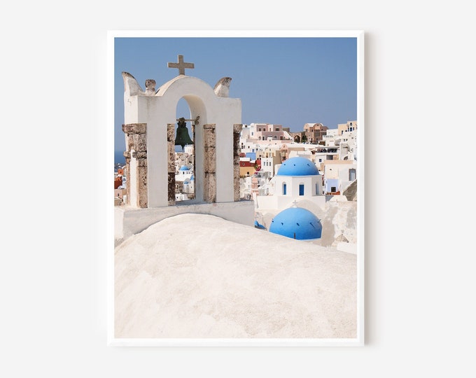 Santorini Greece Photography Print, Greek Island Photo, Oia Photograph, Blue Dome Church Print, Mediterranean Wall Art, Santorini Travel Art