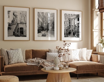 Black and White New York City Three Print Set - West Village Wall Art - Manhattan Street Architecture Photographs - 3 Brownstone Pictures