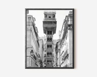 Lisbon Photography, Black and White Portugal Print, Elevador de Santa Justa Photograph, Portuguese Wall Art, Lisbon Architecture Print