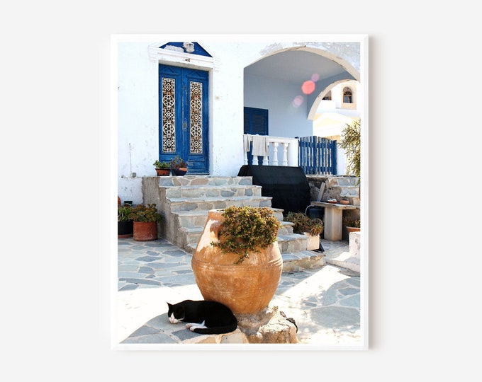 Greece Cat Print, Santorini Photography, Black Cat Photo, Greek Island Art, Blue and White Print, Mediterranean Art, Indigo Door Picture
