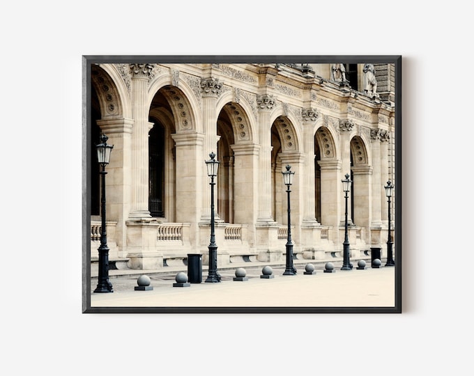 Paris Photography, Louvre Print, Street Lamps at Louvre, Paris France, Parisian Architecture Photo, Black and Cream Wall Art, French Decor