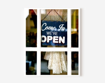 Open Sign Print, Magnolia Bakery Photo, NYC Photography Print, Navy Blue and White Print, Shop Decor, Welcome Photo, Frame and Mat Option