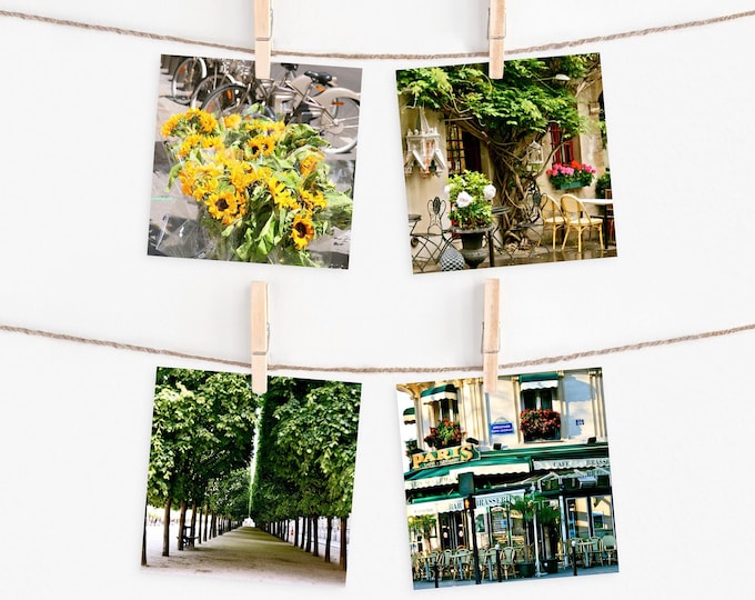 Four 5x5 Square Paris Photography Prints - Colorful Paris Wall Art - Green Yellow Pink Small Photos - French Decor - 4 Parisian Pictures