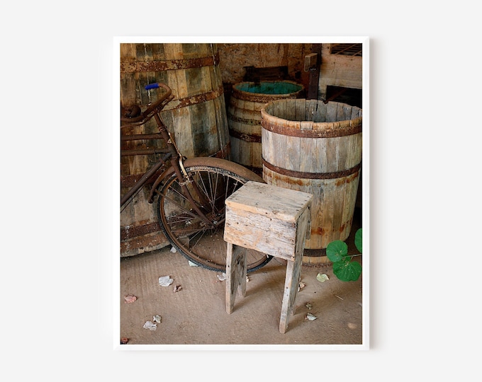 Farmhouse Decor, Vineyard Print, Brown Wall Art, Bicycle Photograph, Wine Country Picture, Greece Wall Art, Rustic Wood Wine Barrel Print
