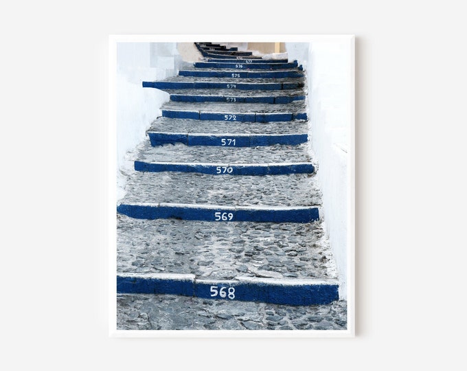 Karavolades Stairs Print, Santorini Photography, Blue Steps Photograph, Fira Photo, Greece Travel Print, Greek Island Picture, Framed Art
