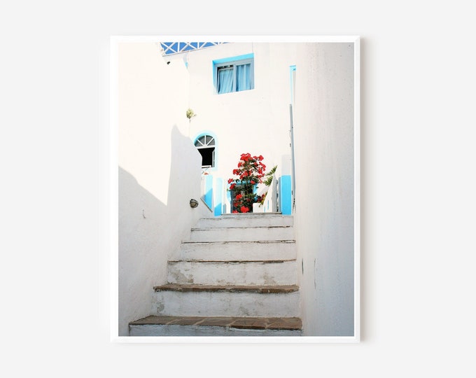 Santorini Greece, Pictures of Santorini, Greece Photography, Greek Island Photo, White and Turquoise Wall Art, Mediterranean Decor, Stairs