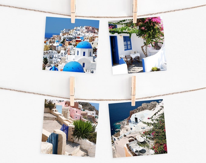 Santorini Greece 4 Print Set - Four 5x5 Square Photographs - Greek Island Mini Photo Collection - Mediterranean Coastal Travel Pictures