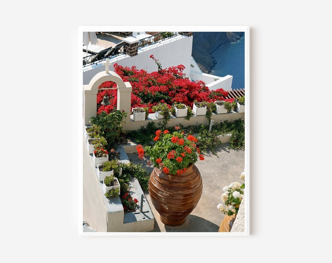 Santorini Print, Bougainvillea Art, Greece Photography, Red Geranium Photo, Mediterranean Wall Art, Greek Island Photo, Travel Photography