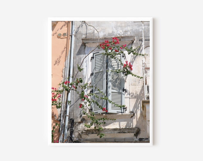 Corfu Greece Photography, Window Print, Pink Wall Art, Girls Nursery Decor, Bougainvillea Picture, Gray and Peach Art, Venetian Decor