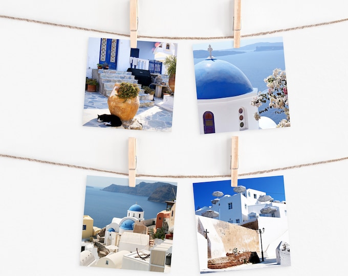 Four 5x5 Santorini Prints, Greece Photo Set, 4 Small Square Prints, Greek Island Photography, Mini Art, Mediterranean Decor, Santorini Gift