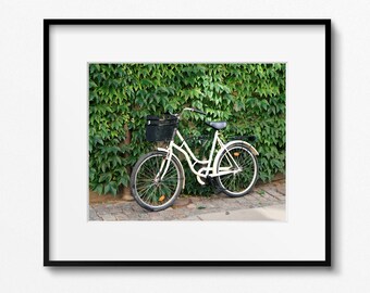 Impresión de bicicletas, Foto de bicicleta de Copenhague, Imagen de bicicleta blanca, Copenhague Dinamarca, Arte verde y blanco, Imagen de hiedra, Arte de la habitación de los niños pequeños