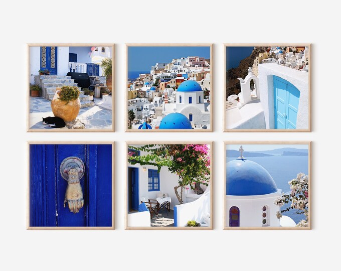 Santorini Greece Six Print Set - Greek Island Photo Collection - 6 Photographs - Blue and White Coastal Wall Art - Mediterranean Home Decor