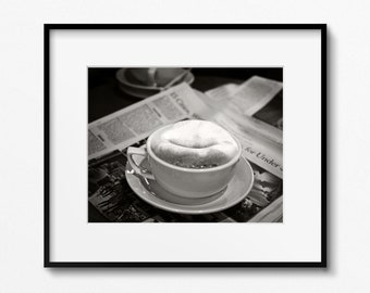 Black and White Coffee Print, Food Photography, Cafe Wall Art, Urban Kitchen Decor, Cappuccino Photo, New York Times Photograph