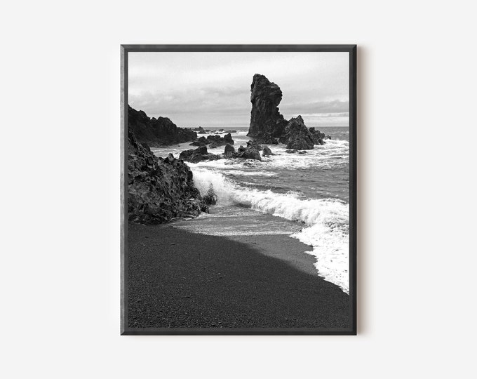 Black and White Iceland Photography, Black Sand Beach Photo, Icelandic Seascape, Djupalonssandur Beach Print, Iceland Travel Gift