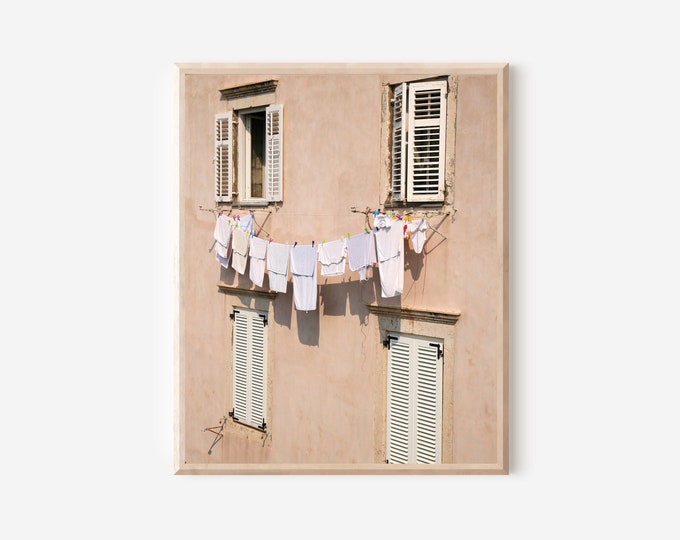 Peach Laundry Wall Art Print, Dubrovnik Croatia Photography, Mediterranean Decor, Pastel Clothesline Photo, European Laundry Photograph