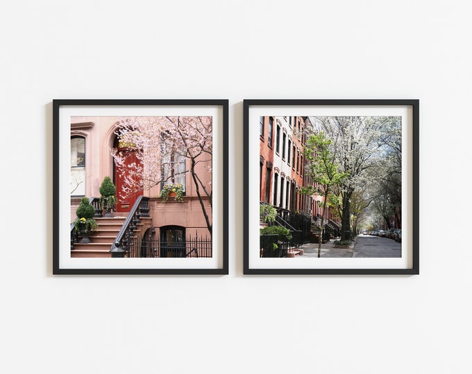 New York City Photography Set, Two Square Prints, Spring in NYC Photos, 2 West Village Pictures, Manhattan Photographs, Brownstone Art