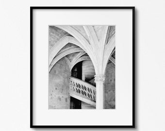 Black and White Paris Architecture Photography, Gothic Church Print, Columns and Arches Photograph, French Wall Art, Parisian Home Decor