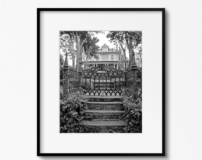 Wilmington NC Art, Black and White Photography, North Carolina Print, Historic Home Photo, Southern Wall Art, Iron Gate Picture, Large Art