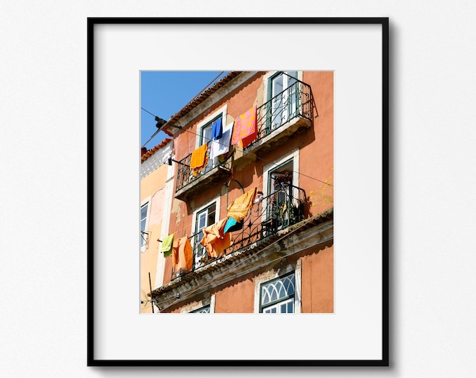 Colorful Laundry Print, Laundry Room Decor, Lisbon Portugal Photography, Orange Wall Art, Hanging Laundry Photo, Portuguese Balcony Picture