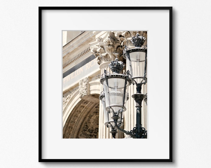 Paris Photography, Louvre Art, Street Lamp Photo, Columns, Pavillion Richelieu, French Architecture, Neutral Wall Art, Paris Arch Picture