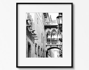 Barcelona Photography, Gothic Quarter Print, Black and White Architecture Print, Bishops Bridge Photo, Spanish Wall Art, Barcelona Picture