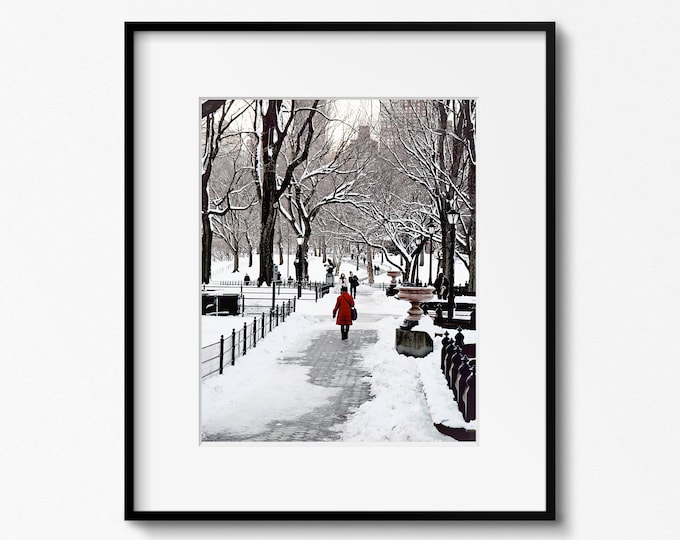 New York City Winter Print, Central Park Snow Photo, NYC Christmas Gift, Winter Photography, Holiday Wall Decor, White Black and Red Art