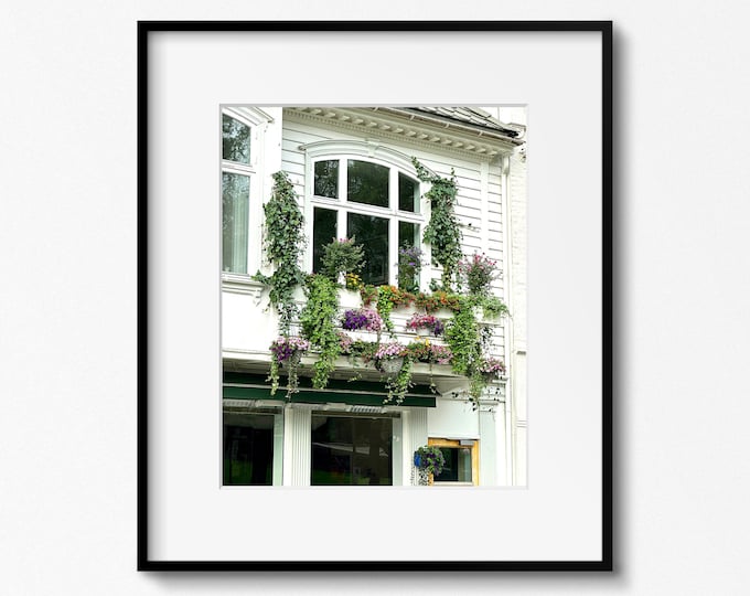 Bergen Norway Photography, Flower Box Print, Window Photograph, Floral Wall Art, Norwegian Decor, City Garden Art, Scandinavian Wall Art