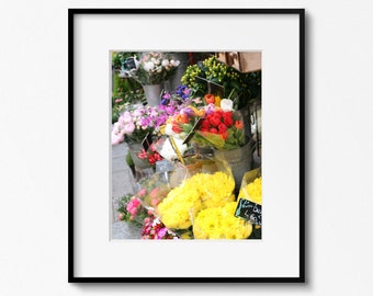 Paris Flower Shop Print, French Floral Wall Art, Flower Market Photography, Colorful Wall Art, Yellow Daisies, Red Tulips, Pink Peonies