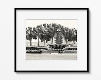 Charleston Pineapple Fountain Print - Black and White South Carolina Photography - Southern Home Decor - Waterfront Park Photo - Palm Trees