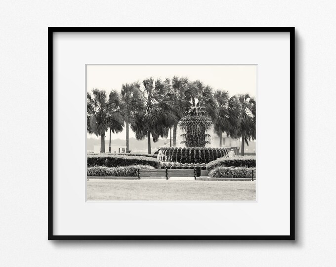 Charleston Pineapple Fountain Print - Black and White South Carolina Photography - Southern Home Decor - Waterfront Park Photo - Palm Trees