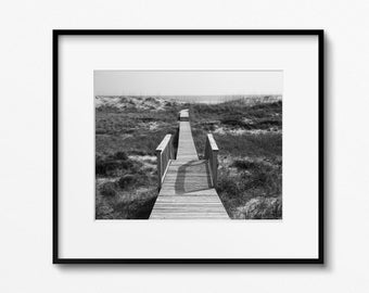 Bald Head Island Photography, Black and White Boardwalk Print, North Carolina Beach Art, Sea Grass Picture, Coastal Wall Art, NC Seascape