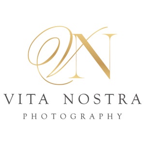 May include: A logo featuring a gold stylized script letter V intertwined with a gold serif letter N. Below the monogram, the text VITA NOSTRA is printed in a dark gray serif font, with the word PHOTOGRAPHY in a smaller matching font below.