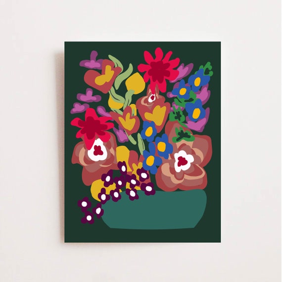 Colorful Flower Print, Abstract Floral Print, Whimsical Rose Art, Boho Dorm Art, Girls Room Decor, Hunter Green Wall Art, Botanical Print