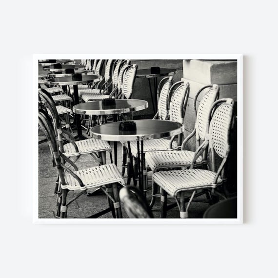 Paris Café Tables – Black and White Photography Print of French Bistro Chairs