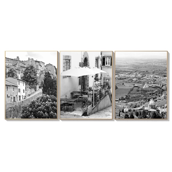 Black and White Tuscany Italy Three Print Set - Italian Vertical Wall Art - 3 Tuscan Photographs - Landscape Pictures - Street Cafe Photos