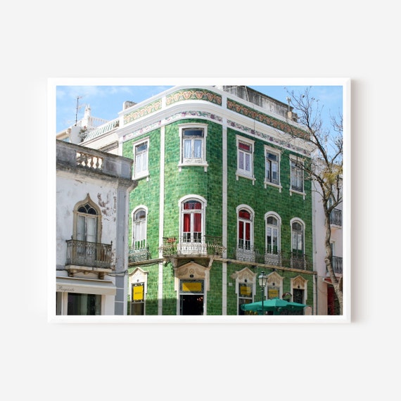 Lagos Portugal Print, Portugal Photography, Green Building Picture, Loja Obrigado, Portuguese Decor, Old Town Photo, Architecture Photograph