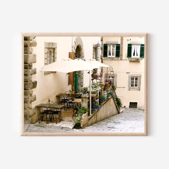Cortona Italy Café Print, Tuscany Photography Wall Art, European Travel Decor, Italian Restaurant Scene, Rustic Neutral Home Art
