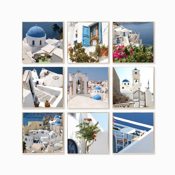 Santorini Greece 9 Print Collection - Nine Greek Island Pictures - Square Photo Set -  Blue and White Coastal Wall Art - Mediterranean Decor